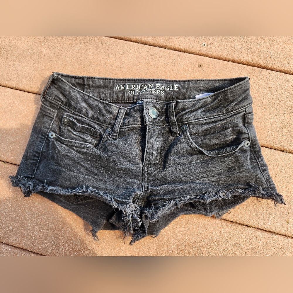 American Eagle Outfitters Black Distresses Super Low Shortie US 2 x 2" inseam
